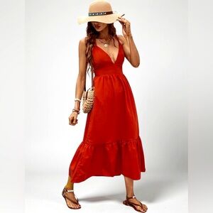 Japna Red Tiered Linen Blend V Neck Sundress With Back Tie and Ruffled Hem Sz XS